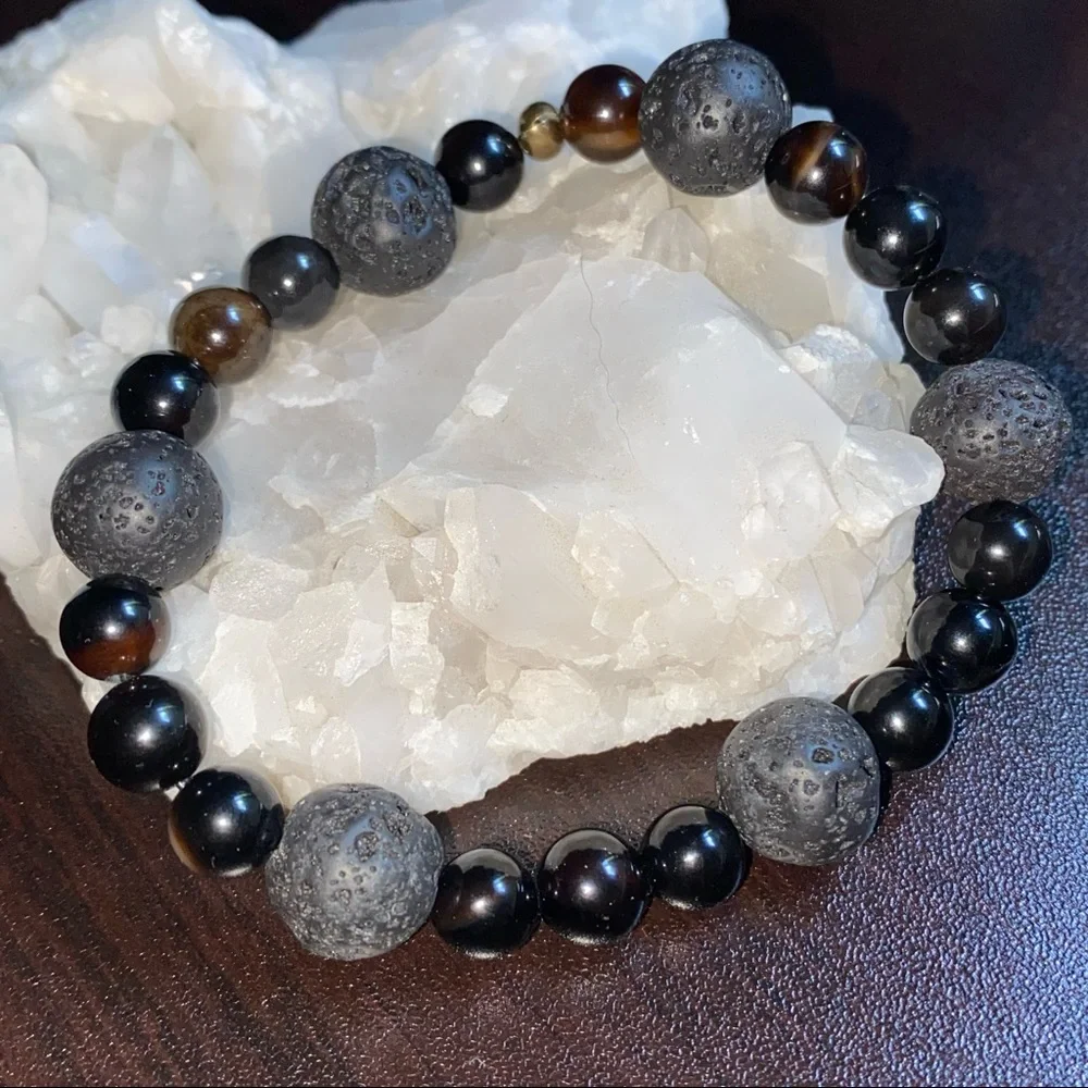 Hand Crafted Bracelet Black Agate & Lava Stretch Unisex Authentic Real Stones